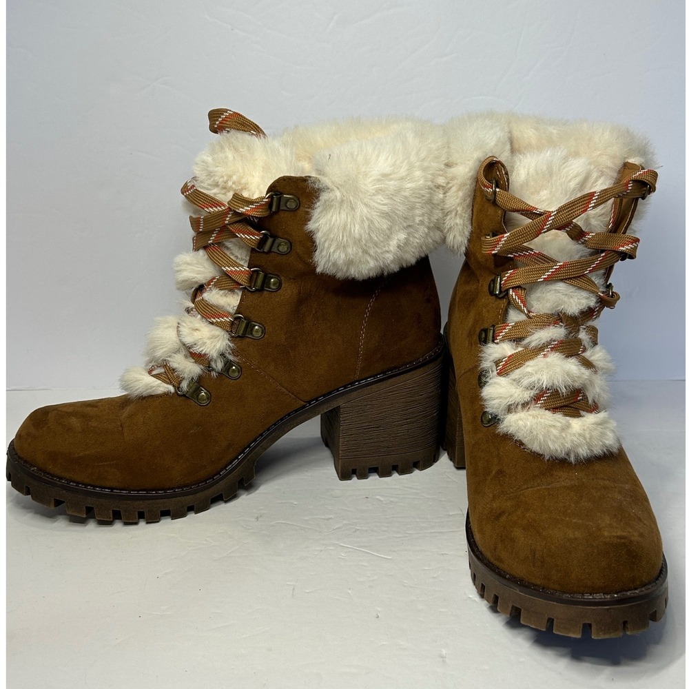 Unionbay Faux Fur Lined Ankle Boots Lug Lace Up Block Heel Holiday Brown 9.5 M